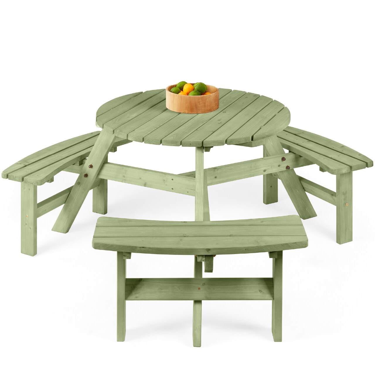 Best Choice Products 6-Person Circular Outdoor Wooden Picnic Table w/ 3 Built-In Benches, Umbrella Hole